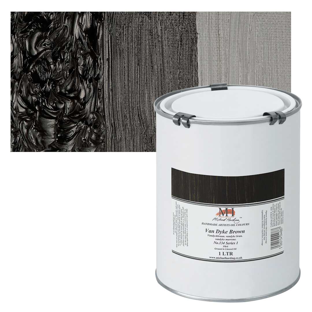 Open in modal - Michael Harding Artists Oil Paint - Van Dyke Brown, 1 Liter and swatch