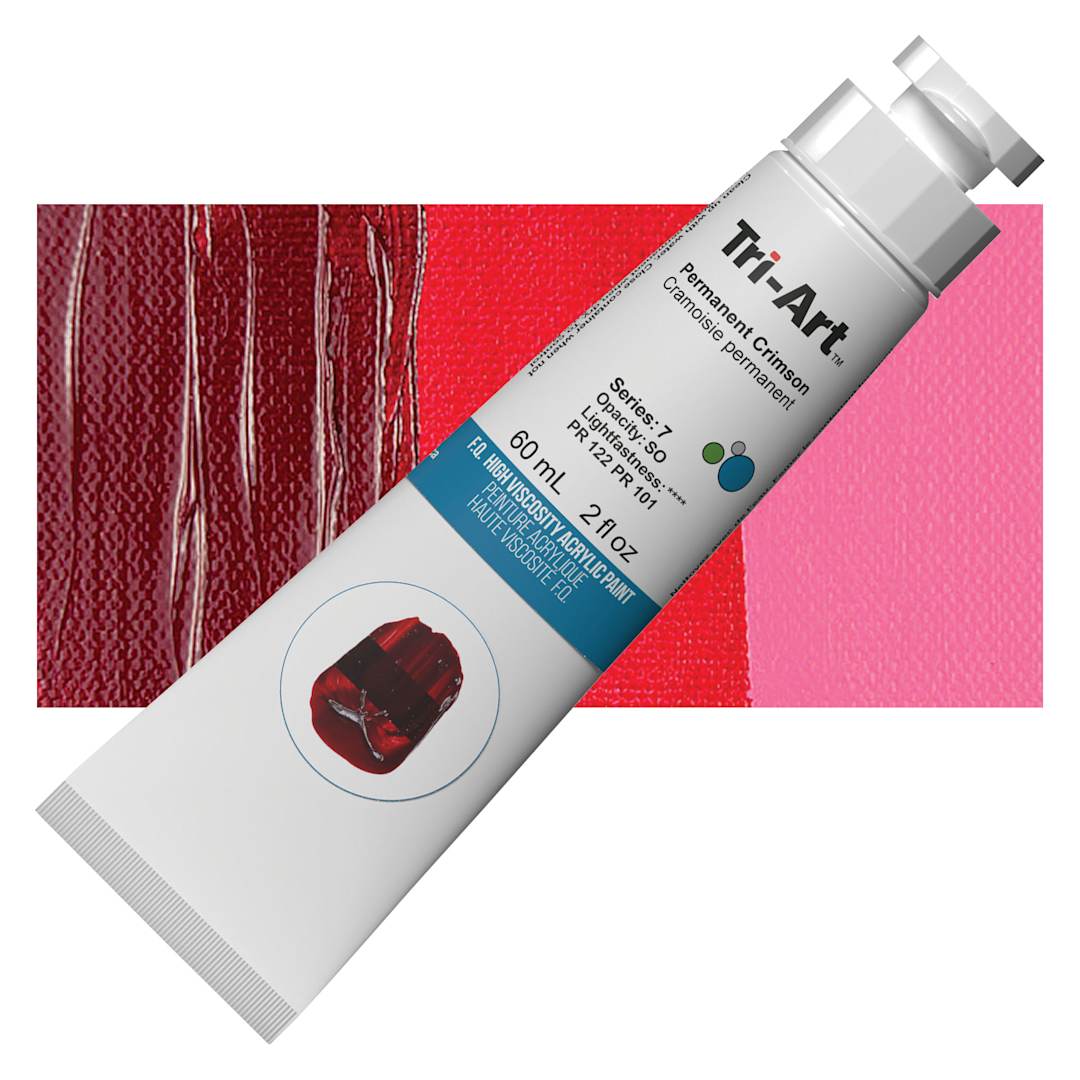 Open in modal - Tri-Art High Viscosity Artist Acrylic - Permanent Crimson, 60 ml tube and swatch