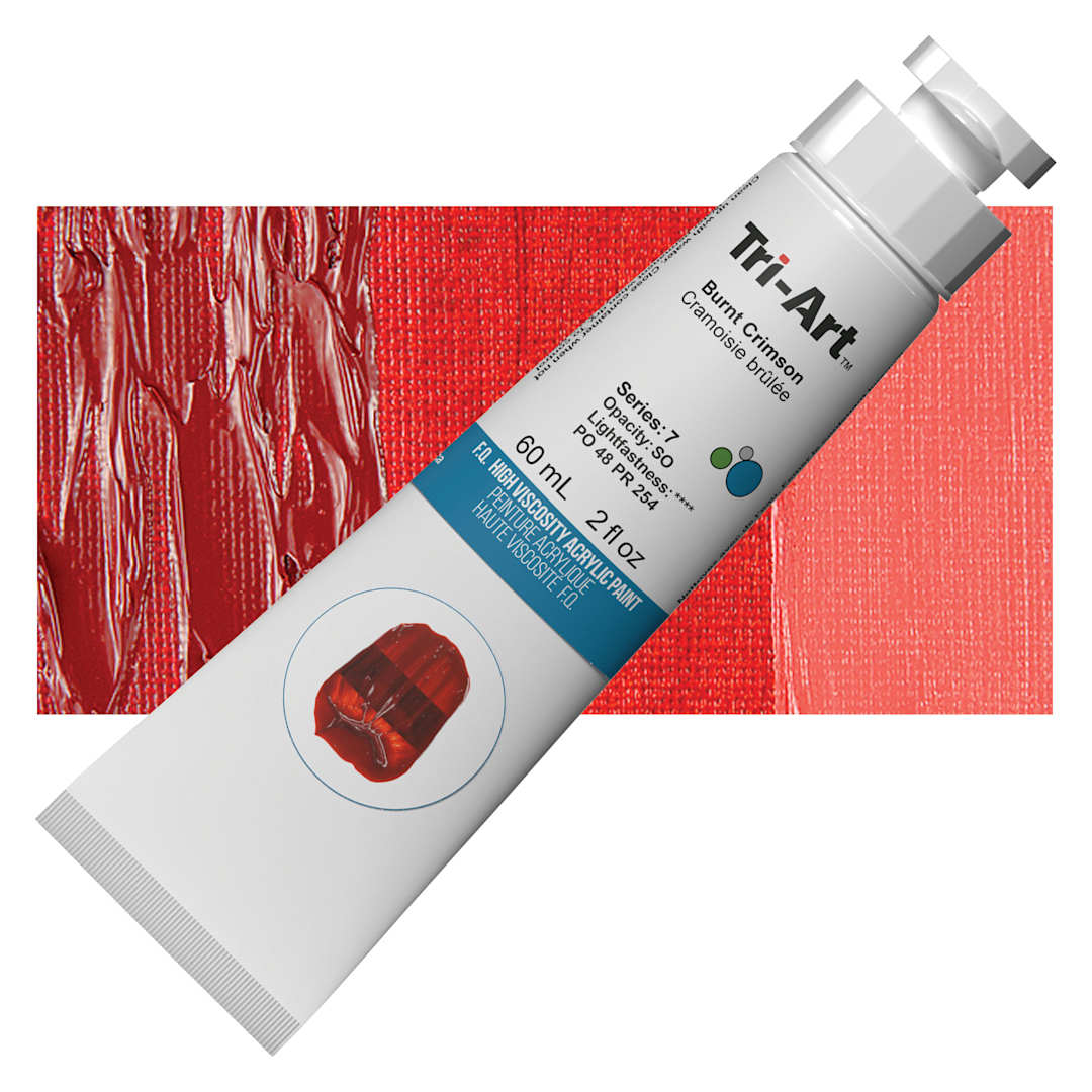 Open in modal - Tri-Art High Viscosity Artist Acrylic - Burnt Crimson, 60 ml tube and swatch