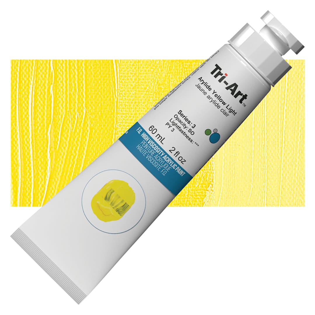 Open in modal - Tri-Art High Viscosity Artist Acrylic - Arylide Yellow Light, 60 ml tube and swatch