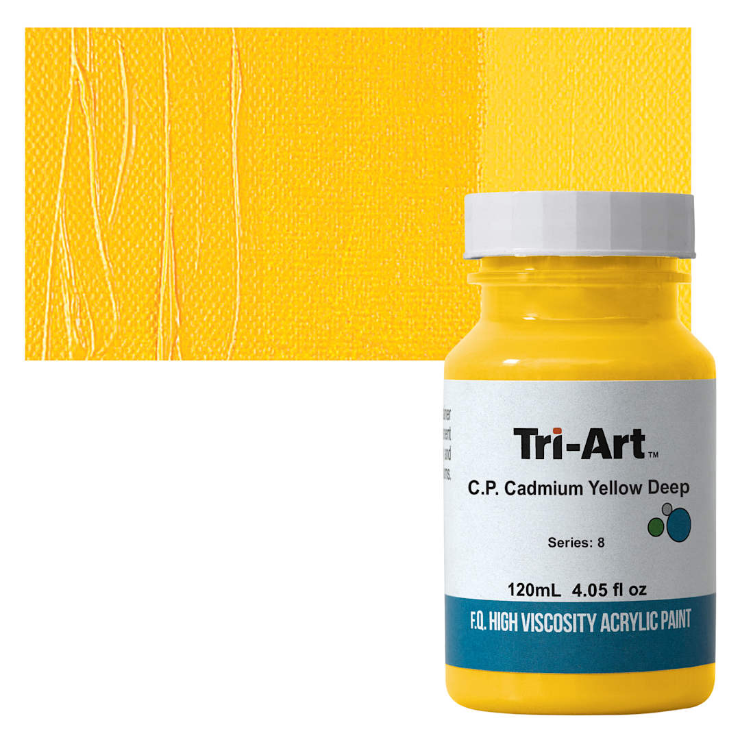 Open in modal - Tri-Art High Viscosity Artist Acrylic - C.P. Cadmium Yellow Deep, 120 ml jar and swatch