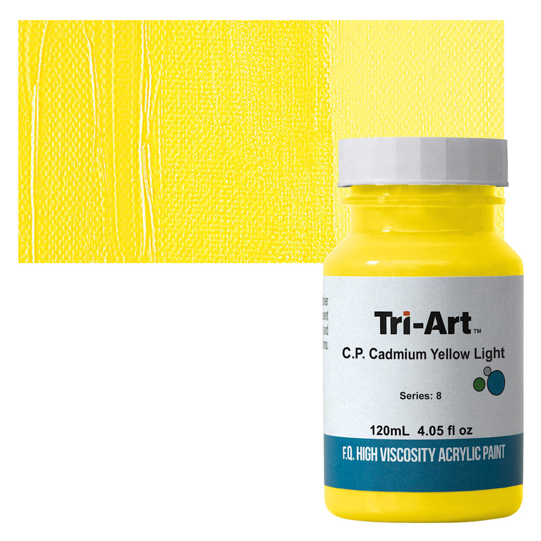 Open in modal - Tri-Art High Viscosity Artist Acrylic - C.P. Cadmium Yellow Light, 120 ml jar and swatch