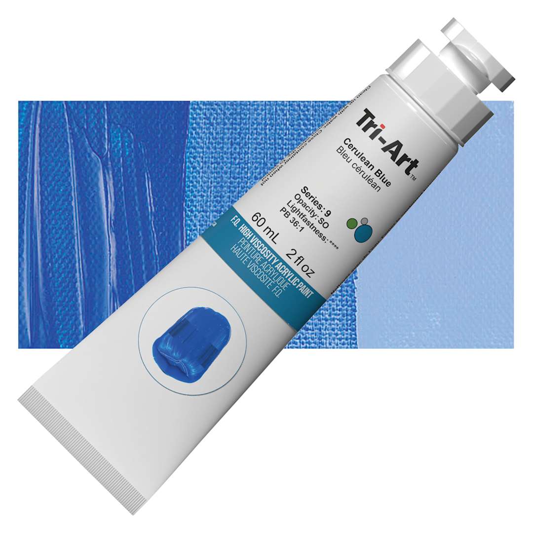 Open in modal - Tri-Art High Viscosity Artist Acrylic - Cerulean Blue, 60 ml tube and swatch