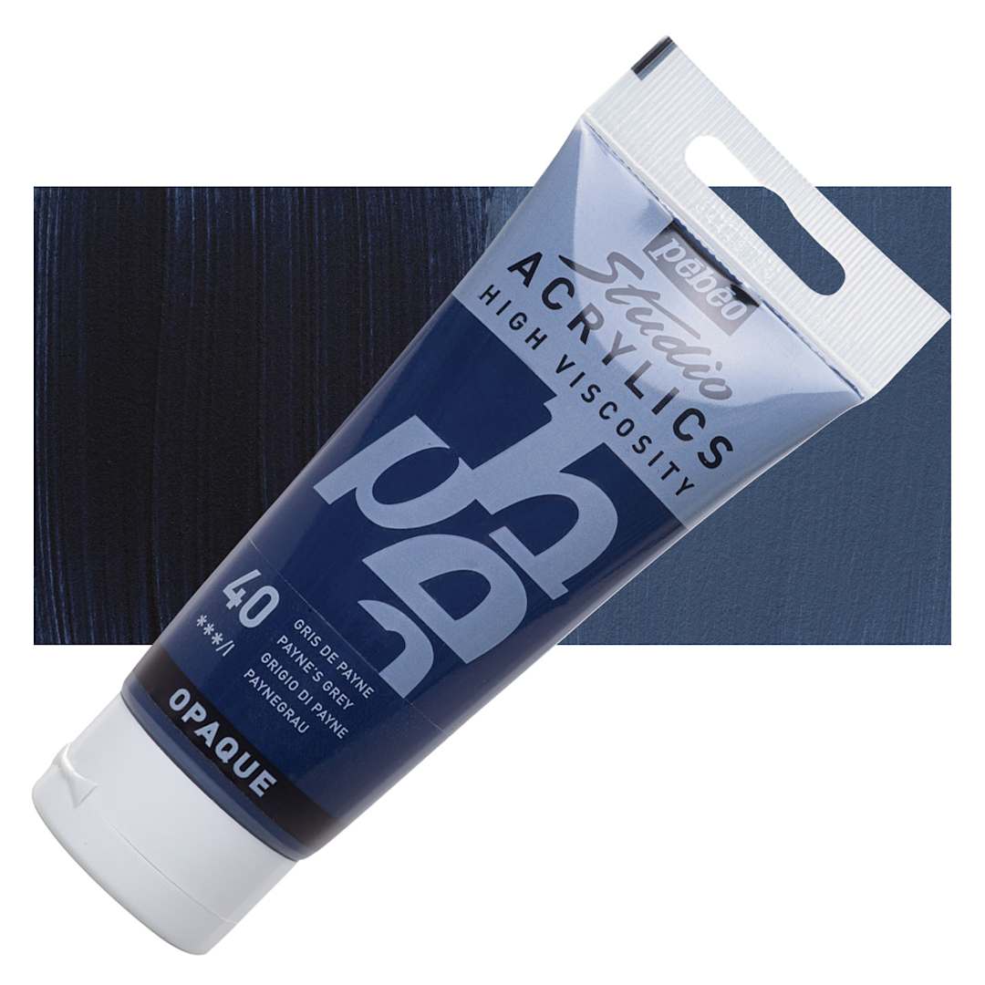 Open in modal - Pebeo High Viscosity Acrylic - Payne's Grey, 100 ml tube and swatch