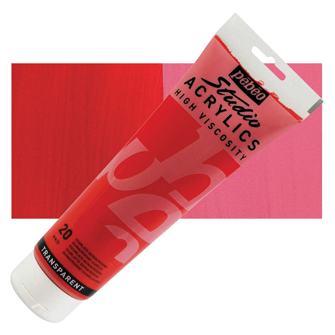 Open in modal - Pebeo High Viscosity Acrylic - Quinacridone Scarlet, 250 ml, Tube and swatch
