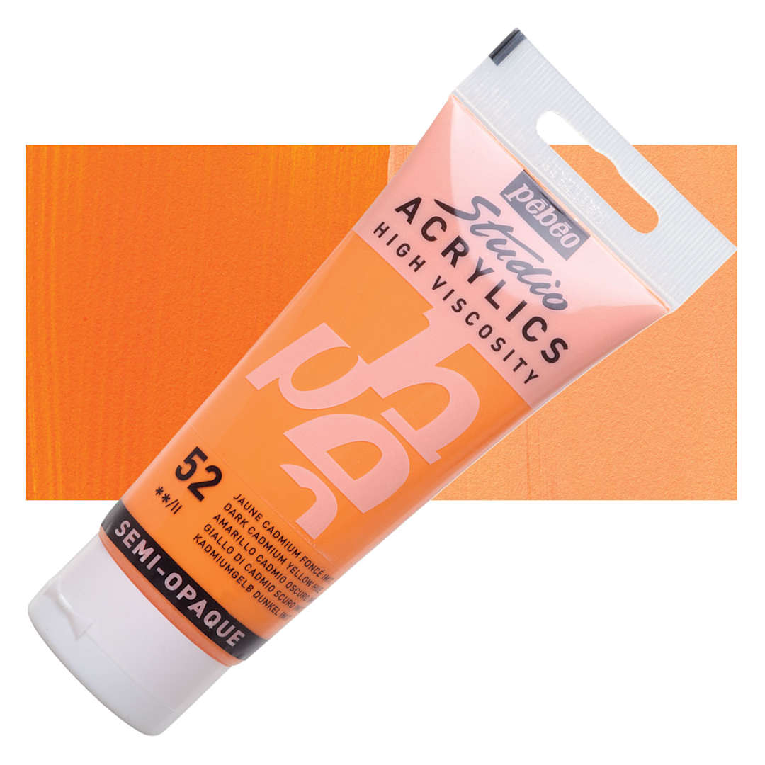 Open in modal - Pebeo High Viscosity Acrylic - Dark Cadmium Yellow Hue, 100 ml, Swatch with Tube