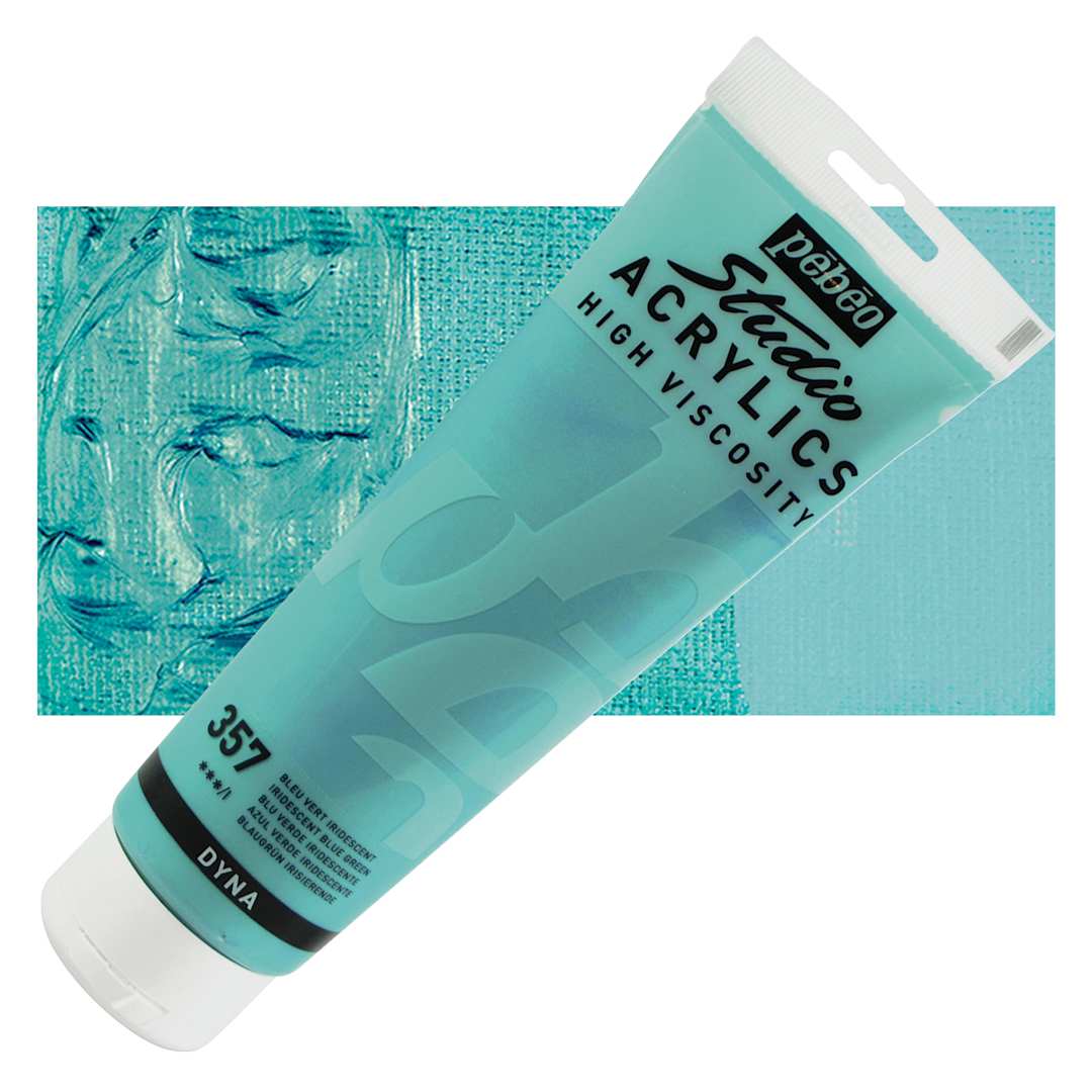 Open in modal - Pebeo High Viscosity Acrylic - Iridescent Blue/Green, 250 ml, Tube and swatch