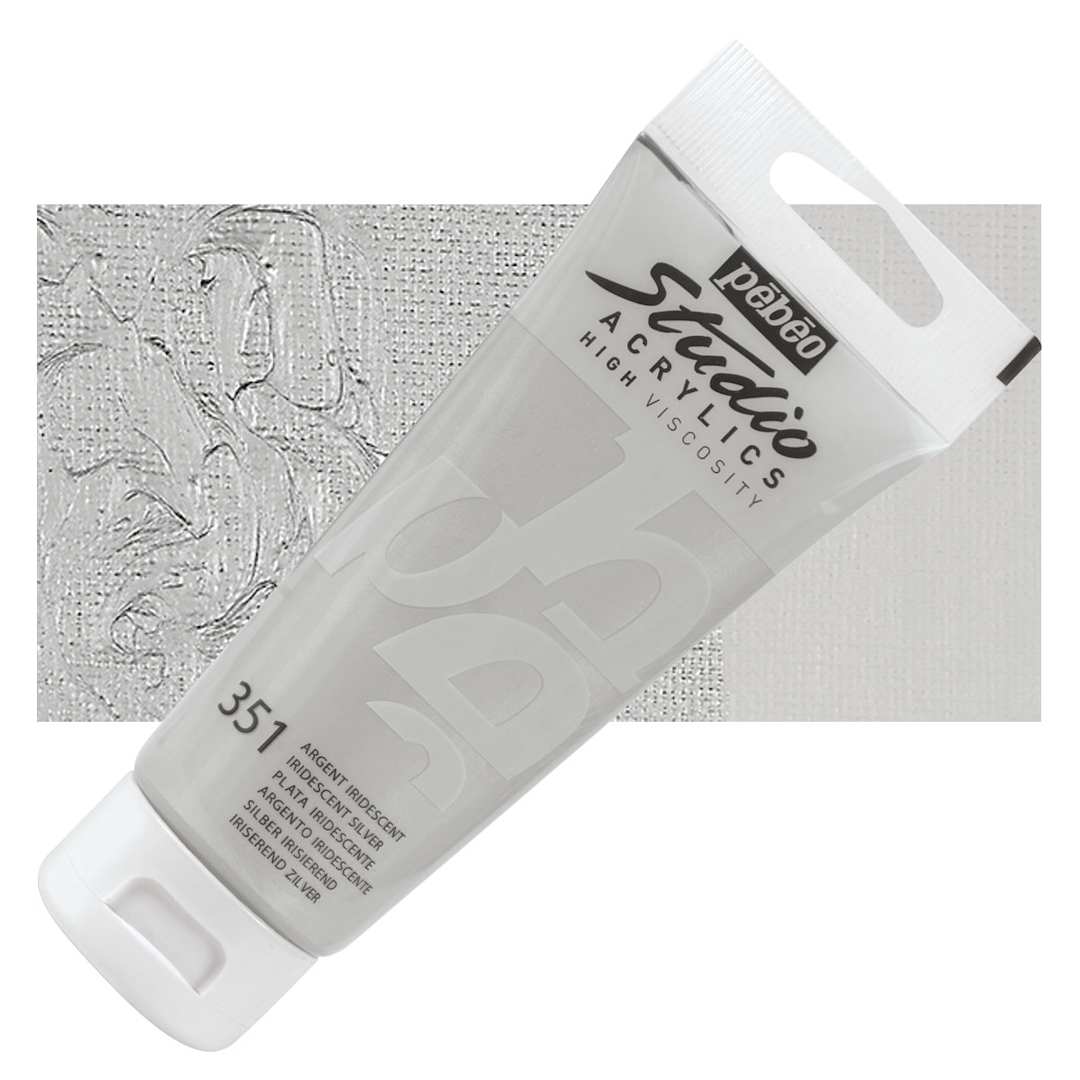 Open in modal - Pebeo High Viscosity Acrylic - Iridescent Silver, 100 ml tube and swatch