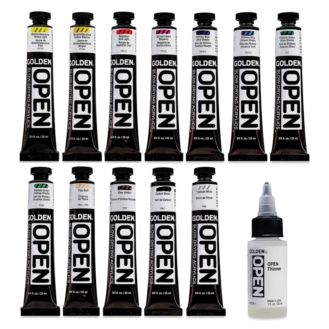 Open in modal - Golden Open Acrylics - Mixing Colors, Set of 12 with Thinner, 22 ml set contents
