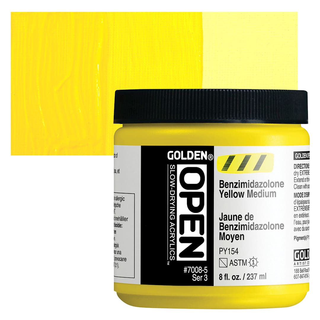 Open in modal - Golden Open Acrylic - Benzimidazolone Yellow Medium, 8 oz Jar and swatch
