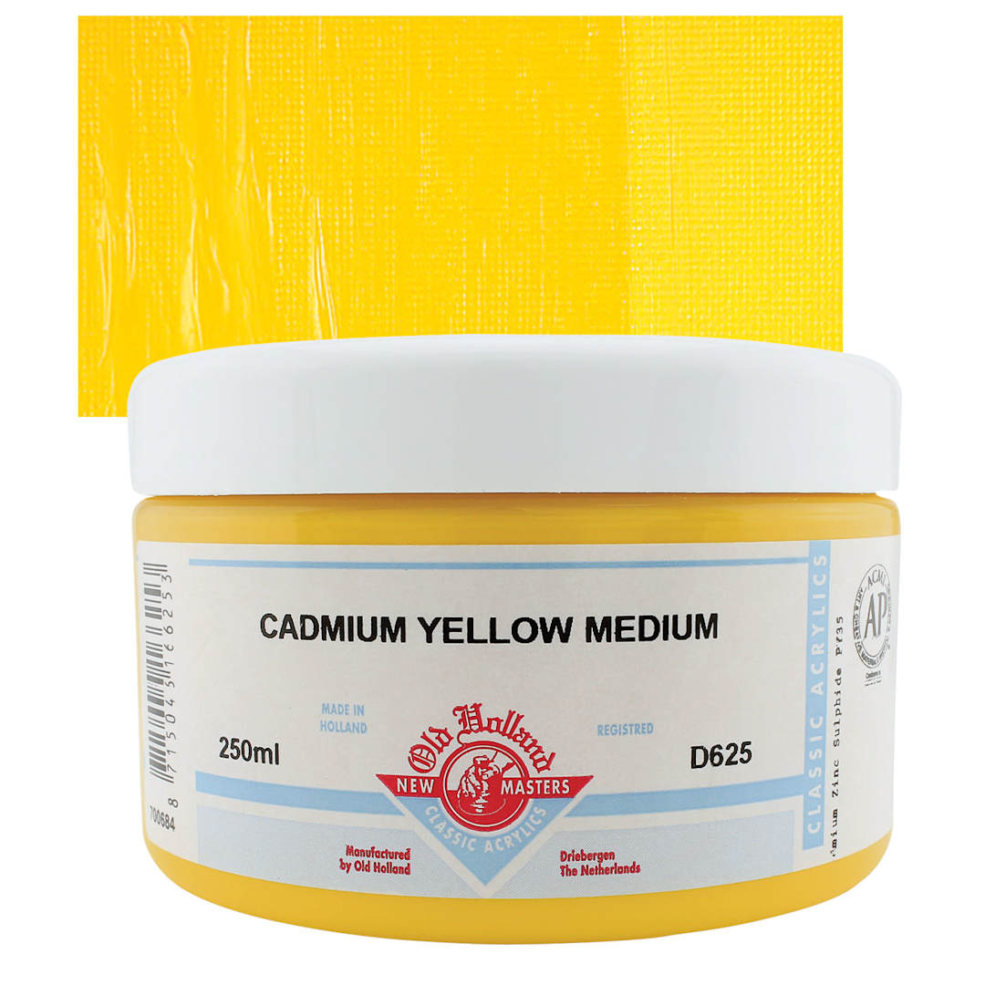 Open in modal - Old Holland New Masters Classic Acrylic Paint - Cadmium Yellow Medium, 250 ml jar and swatch