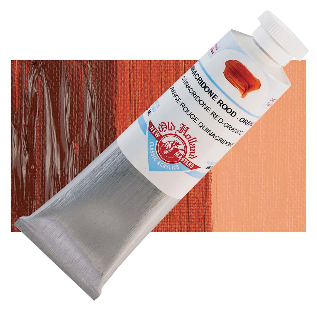 Open in modal - Old Holland New Masters Classic Acrylic Paint - Quinacridone Red-Orange, 60 ml tube and swatch