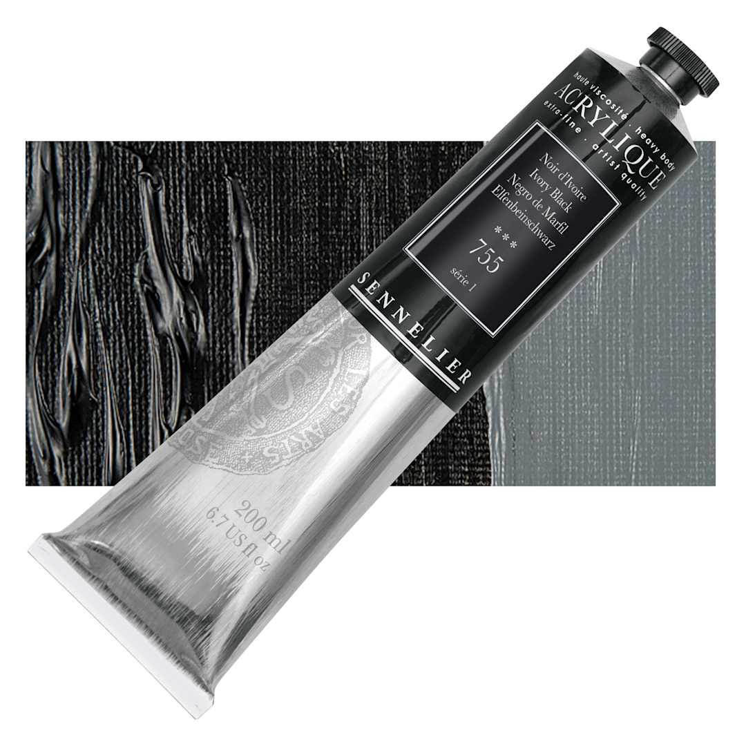 Open in modal - Sennelier Extra-Fine Artist Acrylique - Ivory Black, 200 ml tube and swatch