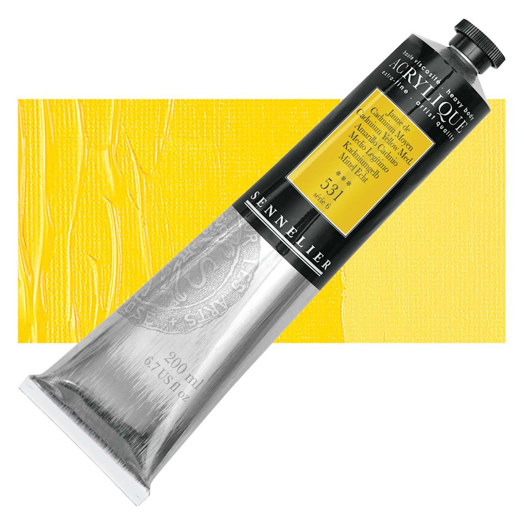 Open in modal - Sennelier Extra-Fine Artist Acrylique - Cadmium Yellow Medium, 200 ml tube and swatch