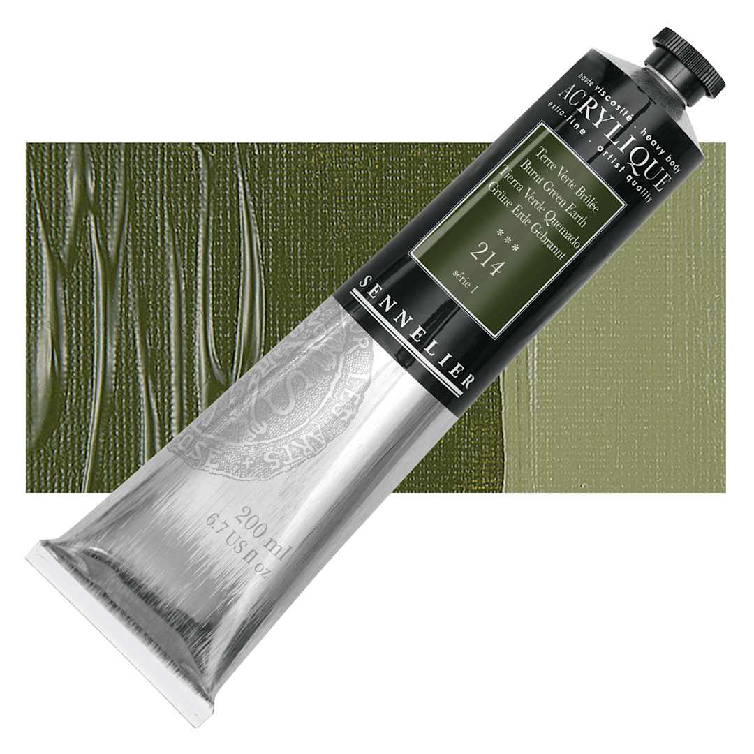 Open in modal - Sennelier Extra-Fine Artist Acrylique - Burnt Green Earth, 200 ml tube and swatch
