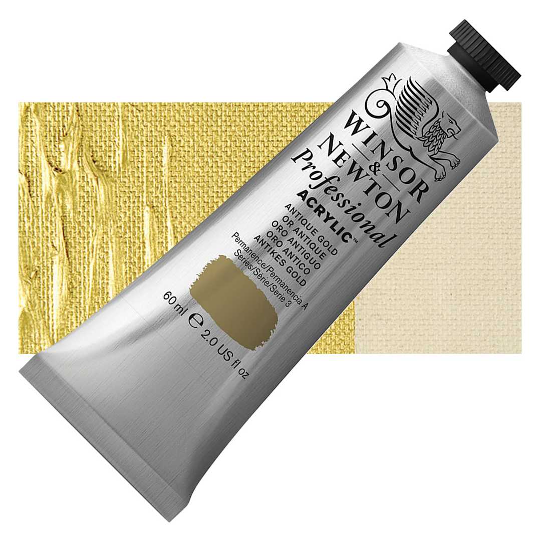 Open in modal - Winsor & Newton Professional Acrylic Paint - Antique Gold, 60 ml tube and swatch