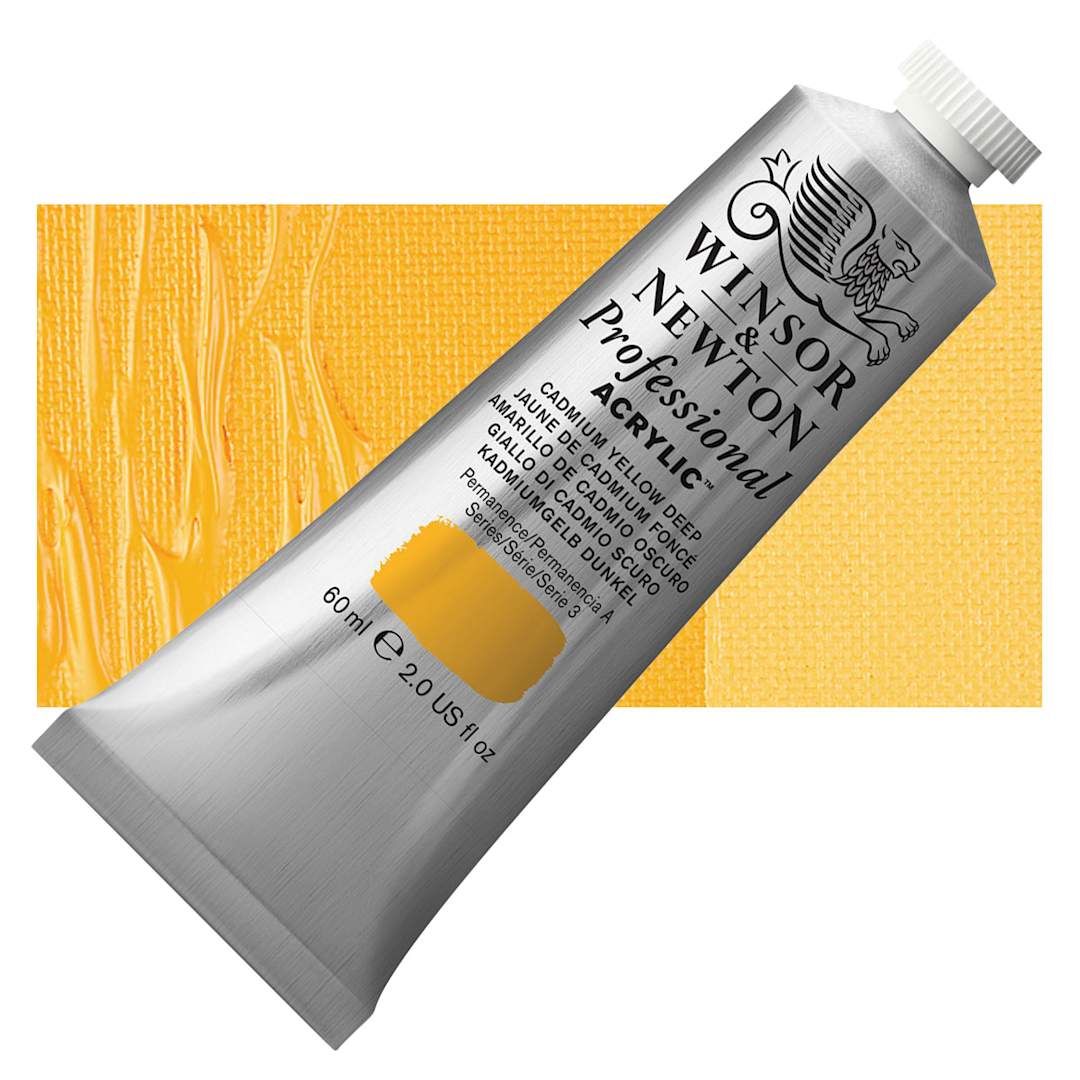 Open in modal - Winsor & Newton Professional Acrylic Paint - Cadmium Yellow Deep, 60 ml tube and swatch