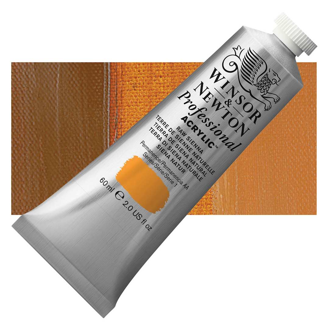 Open in modal - Winsor & Newton Professional Acrylic Paint - Raw Sienna, 60 ml tube and swatch