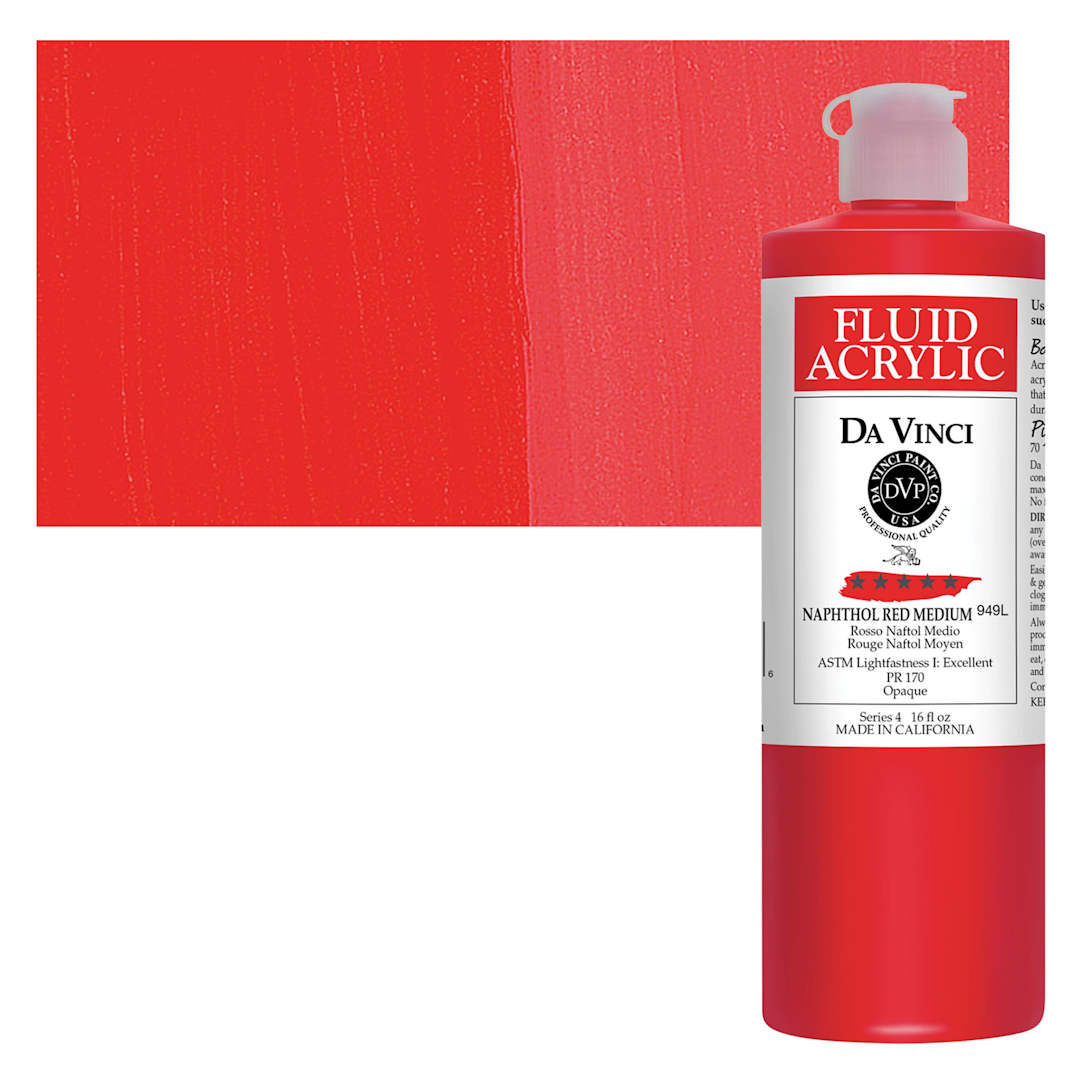 Open in modal - Da Vinci Fluid Acrylic Paint - Napthol Red Medium, 16 oz bottle and swatch