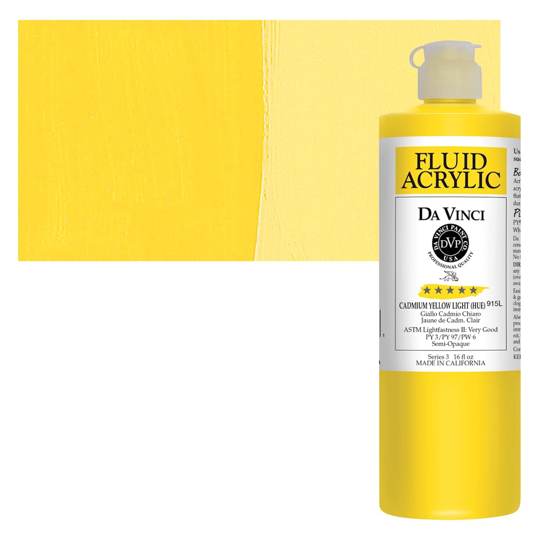 Open in modal - Da Vinci Fluid Acrylic Paint - Cadmium Yellow Light Hue, 16 oz bottle and swatch