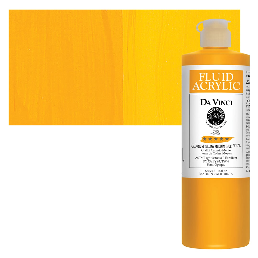 Open in modal - Da Vinci Fluid Acrylic Paint - Cadmium Yellow Medium Hue, 16 oz bottle and swatch