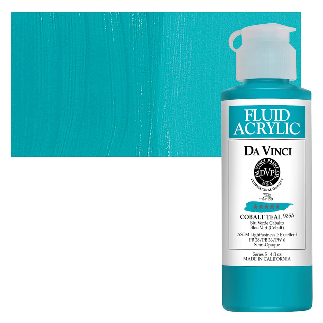 Open in modal - Da Vinci Fluid Acrylic Paint - Cobalt Teal, 4 oz bottle and swatch