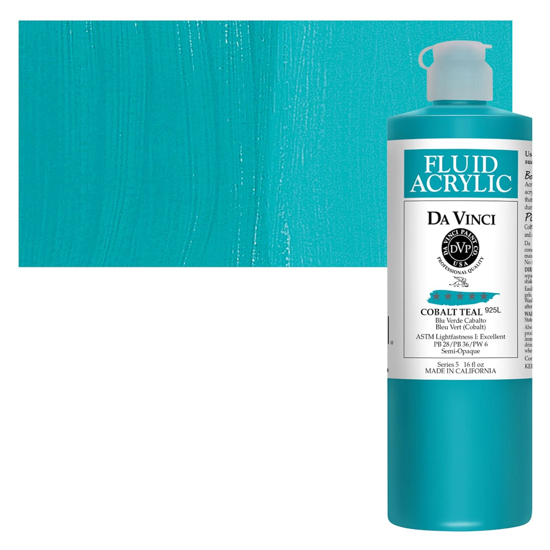 Open in modal - Da Vinci Fluid Acrylic Paint - Cobalt Teal, 16 oz bottle and swatch