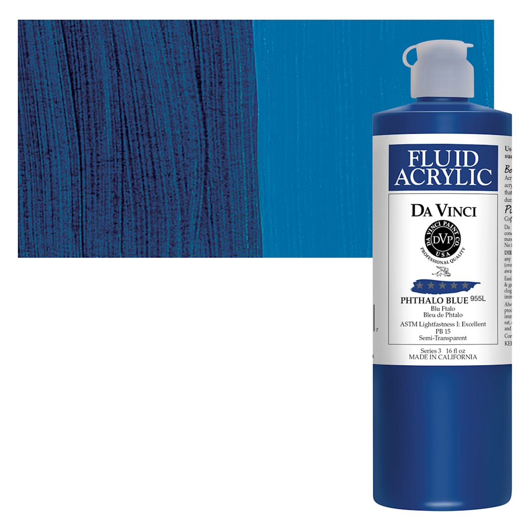Open in modal - Da Vinci Fluid Acrylic Paint - Phthalo Blue, 16 oz bottle and swatch