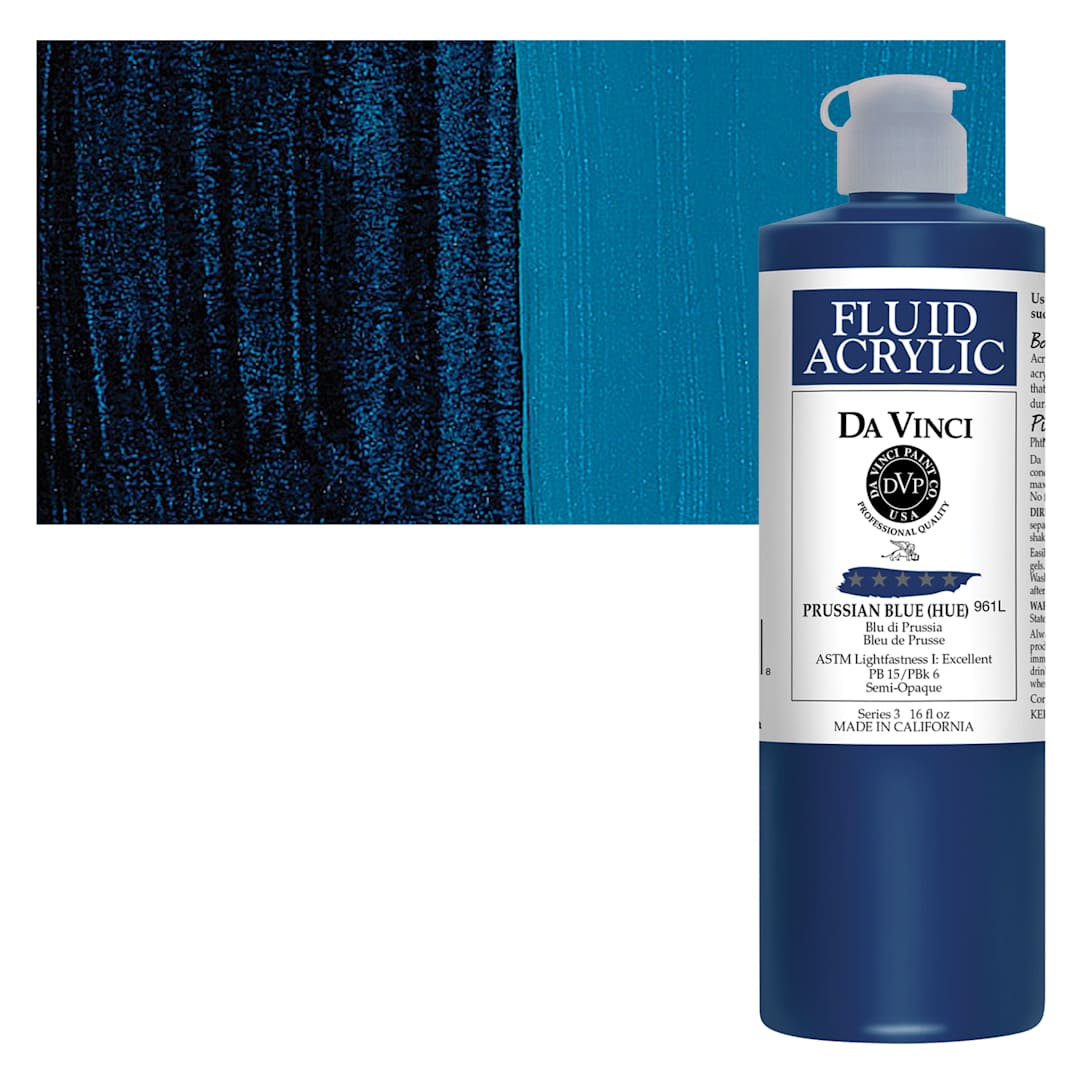 Open in modal - Da Vinci Fluid Acrylic Paint - Prussian Blue Hue, 16 oz bottle and swatch
