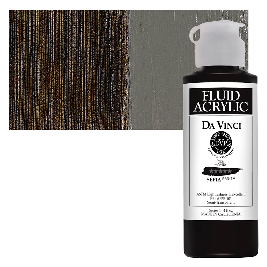 Open in modal - Da Vinci Fluid Acrylic Paint - Sepia, 4 oz bottle and swatch