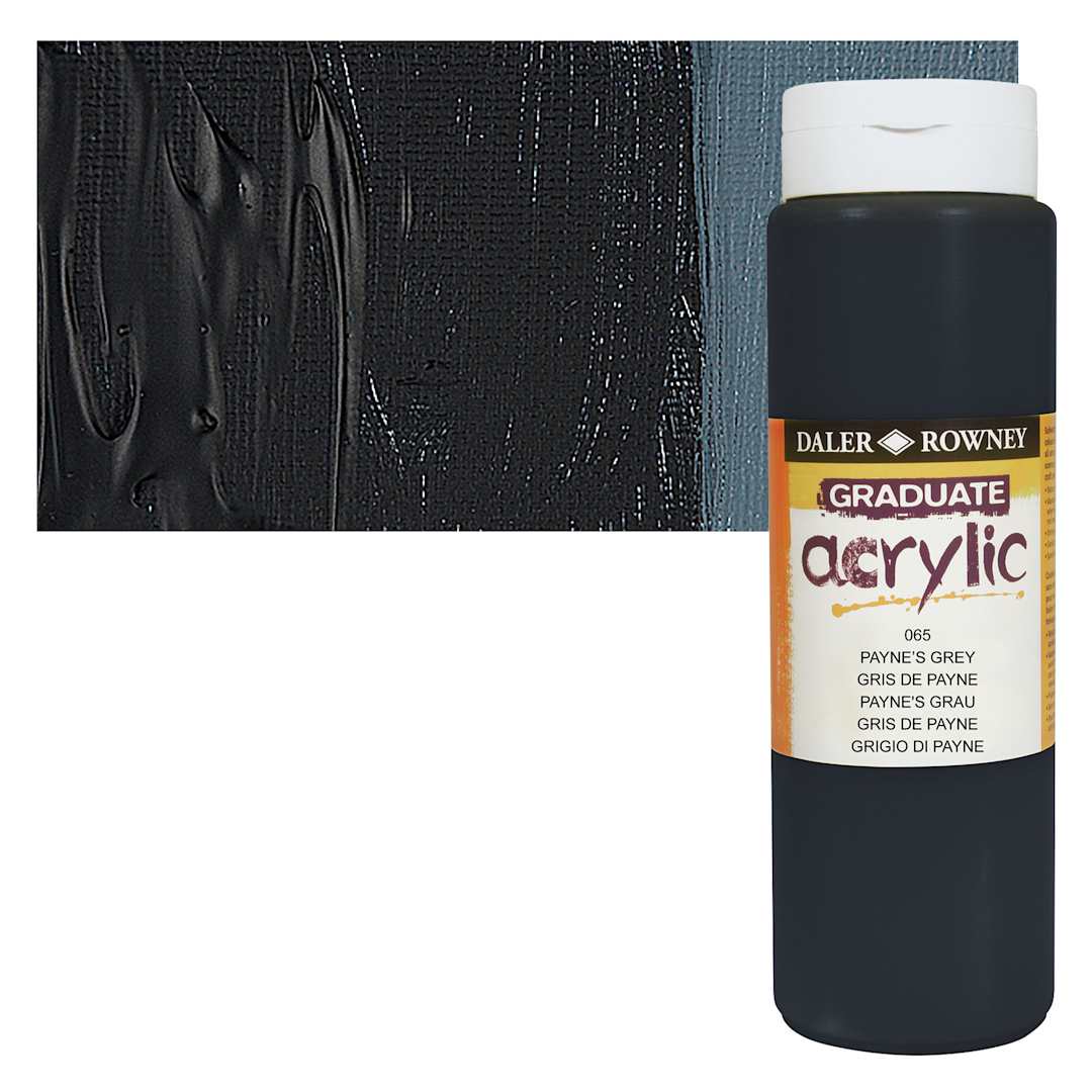 Open in modal - Daler-Rowney Graduate Acrylic Paint - Payne's Gray, 500 ml bottle and swatch