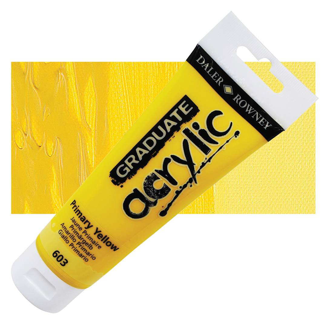 Open in modal - Daler-Rowney Graduate Acrylic Paint - Primary Yellow, 120 ml tube and swatch