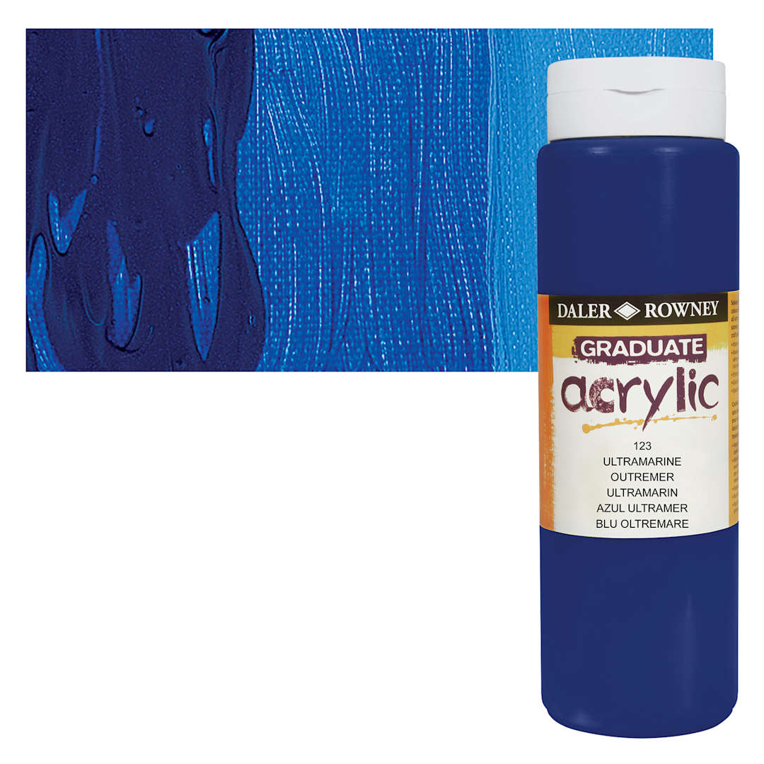 Open in modal - Daler-Rowney Graduate Acrylic Paint - Ultramarine, 500 ml bottle and swatch