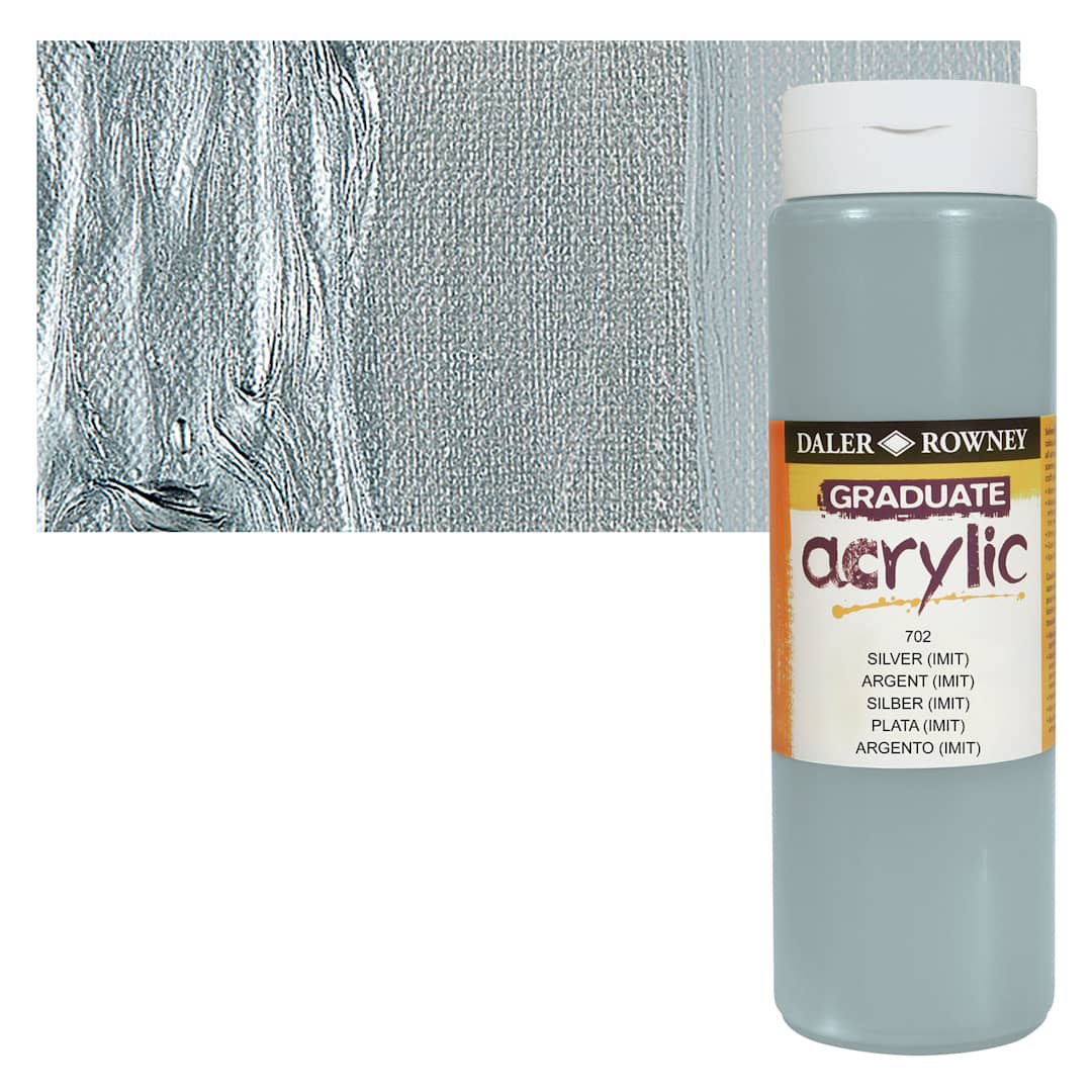 Open in modal - Daler-Rowney Graduate Acrylic Paint - Silver Imitation, 500 ml bottle and swatch
