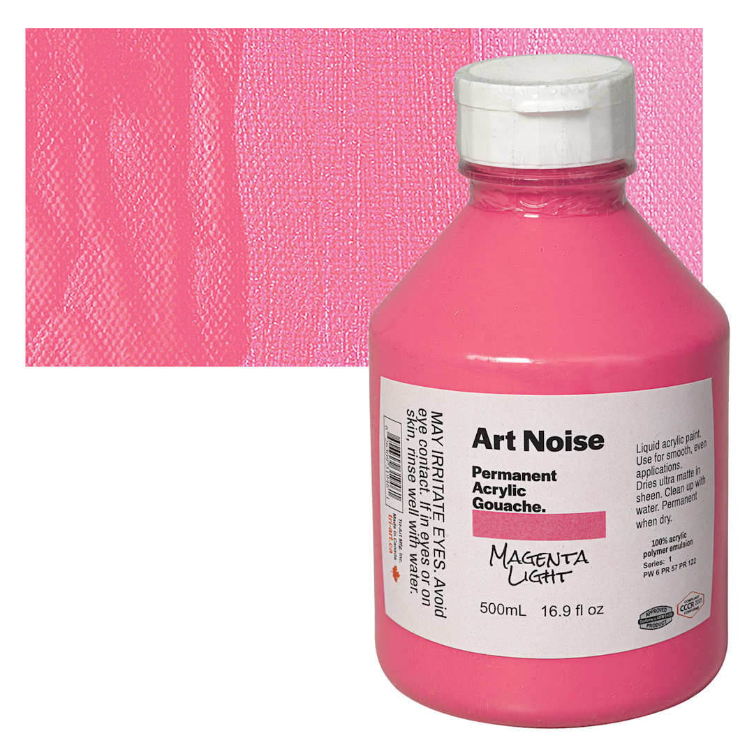 Open in modal - Tri-Art Art Noise Permanent Acrylic Gouache - Magenta Light, 500 ml, Bottle and swatch