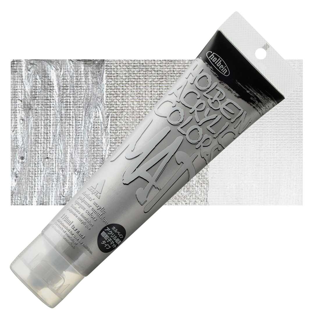 Open in modal - Holbein Mat Acrylic - Silver, 110 ml tube and swatch