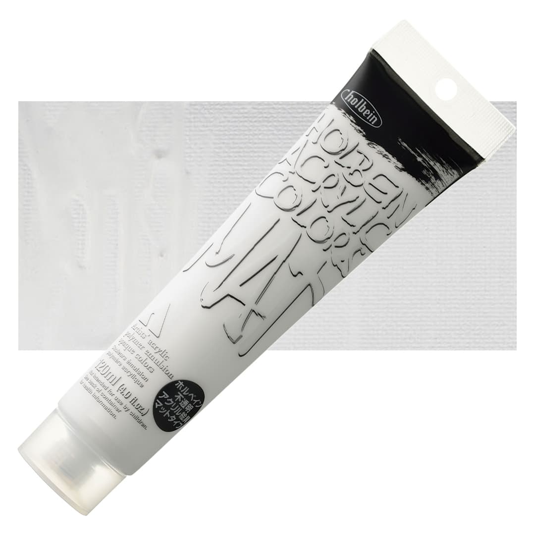Open in modal - Holbein Mat Acrylic - White, 120 ml tube and swatch