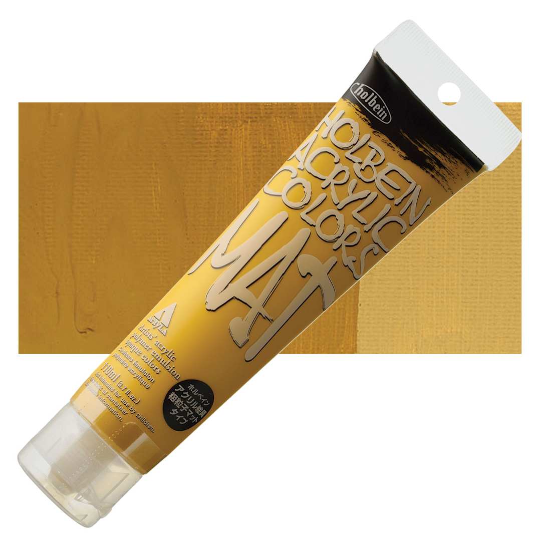 Open in modal - Holbein Mat Acrylic - Yellow Ochre, 110 ml tube and swatch