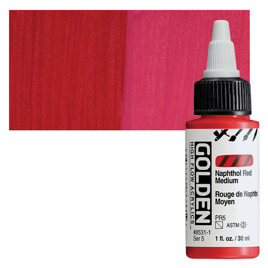 Open in modal - Golden High Flow Acrylic Paint - Naphthol Red Medium, 1 oz bottle and swatch