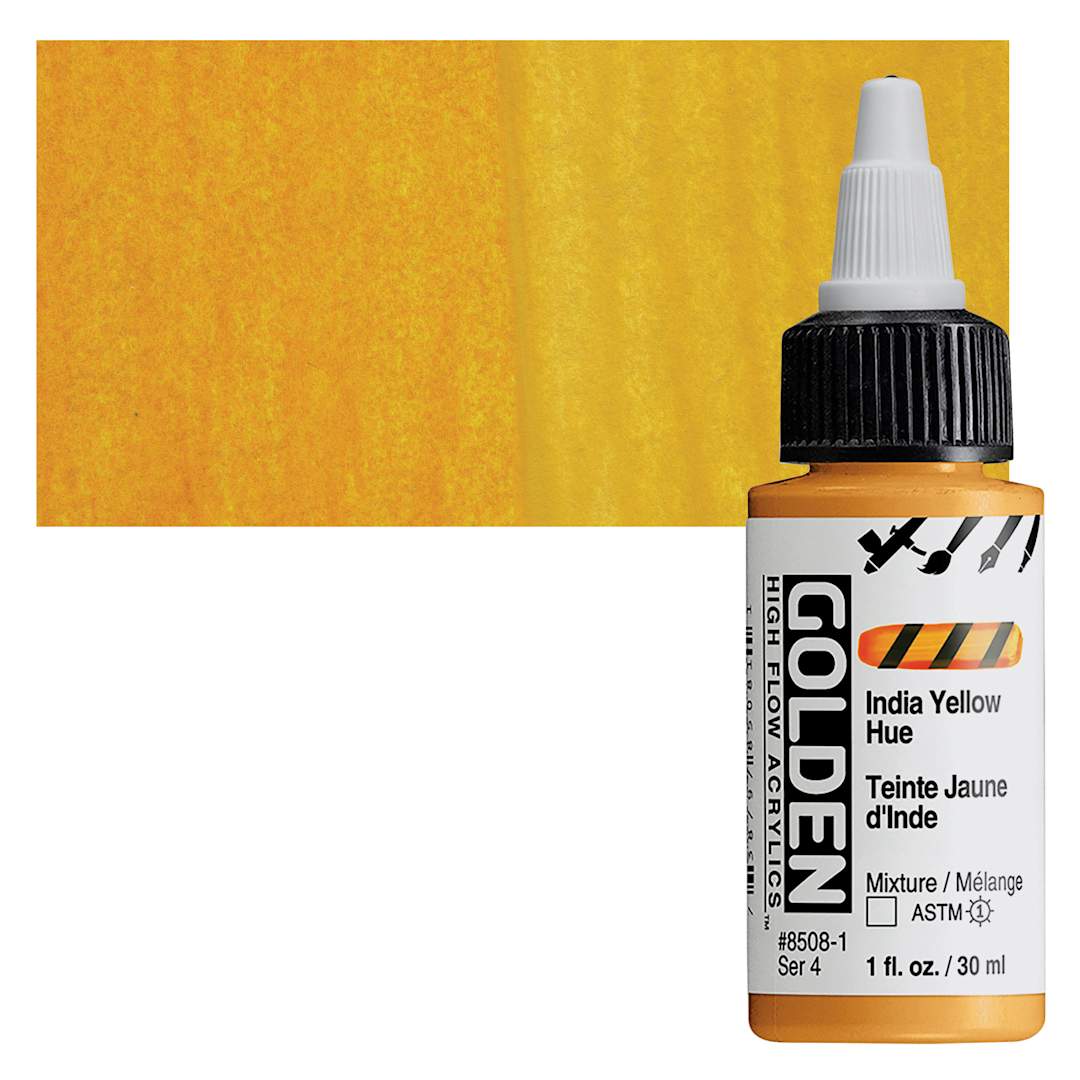 Open in modal - Golden High Flow Acrylic Paint - Indian Yellow Hue, 1 oz bottle and swatch