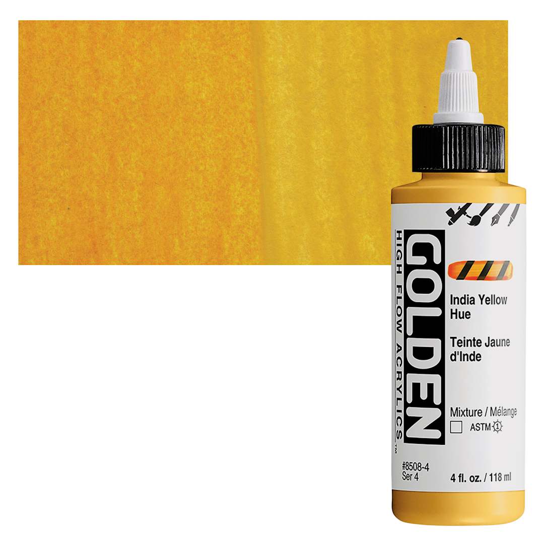 Open in modal - Golden High Flow Acrylic Paint - Indian Yellow Hue, 4 oz bottle and swatch