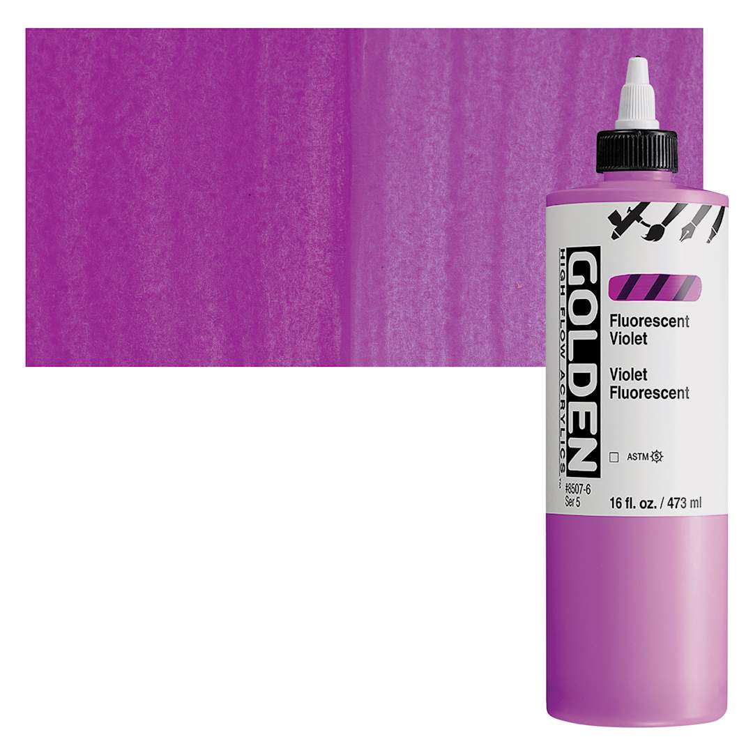 Open in modal - Golden High Flow Acrylic Paint - Fluorescent Violet, 16 oz bottle and swatch