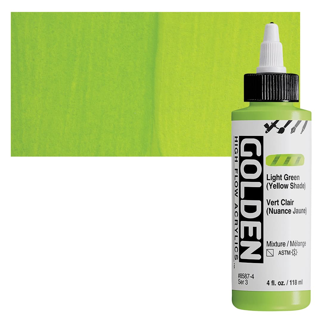 Open in modal - Golden High Flow Acrylic Paint - Light Green (Yellow Shade), 4 oz bottle and swatch