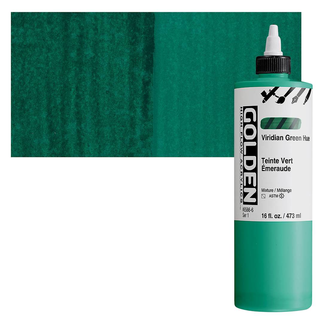 Open in modal - Golden High Flow Acrylic Paint - Viridian Green Hue, 16 oz bottle and swatch