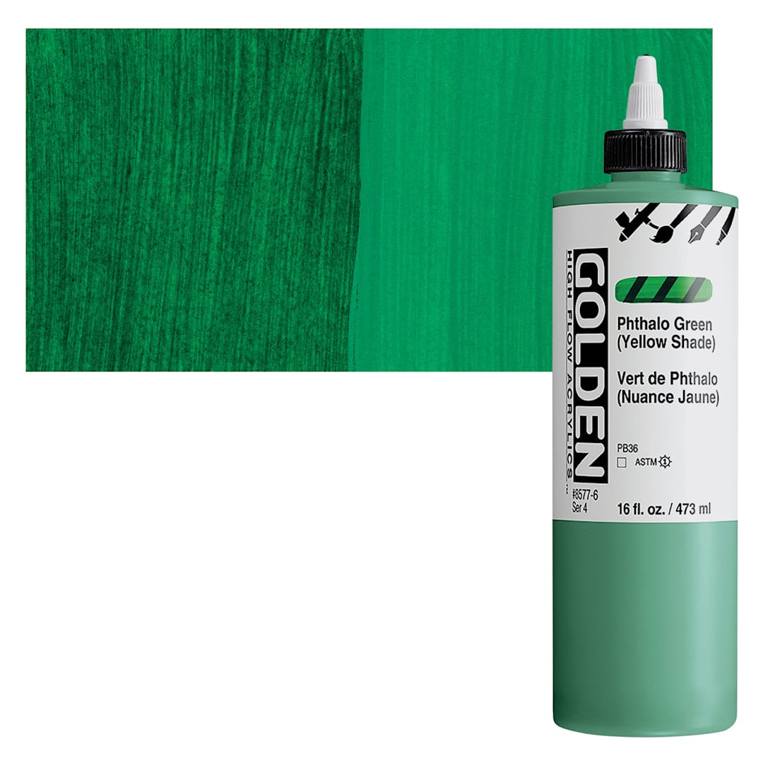 Open in modal - Golden High Flow Acrylic Paint - Phthalo Green (Yellow Shade), 16 oz bottle and swatch