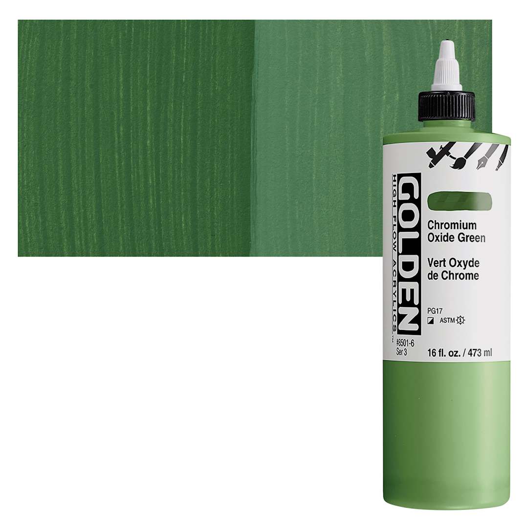 Open in modal - Golden High Flow Acrylic Paint - Chromium Oxide Green, 16 oz bottle and swatch
