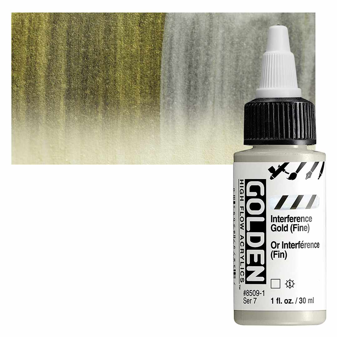 Open in modal - Golden High Flow Acrylic Paint - Interference Gold (Fine), 1 oz bottle and swatch