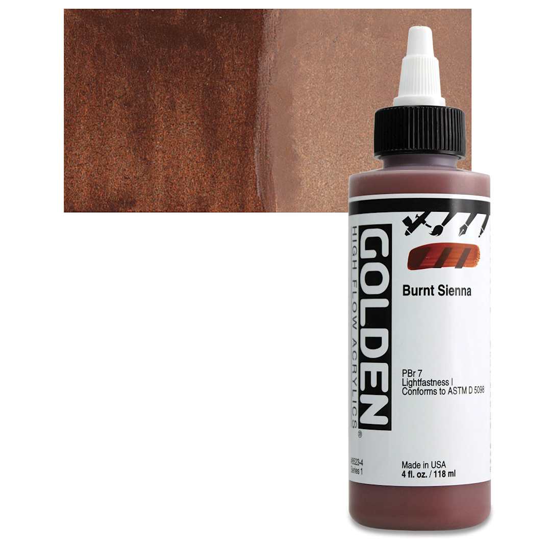 Open in modal - Golden High Flow Acrylic Paint - Burnt Sienna, 4 oz bottle and swatch