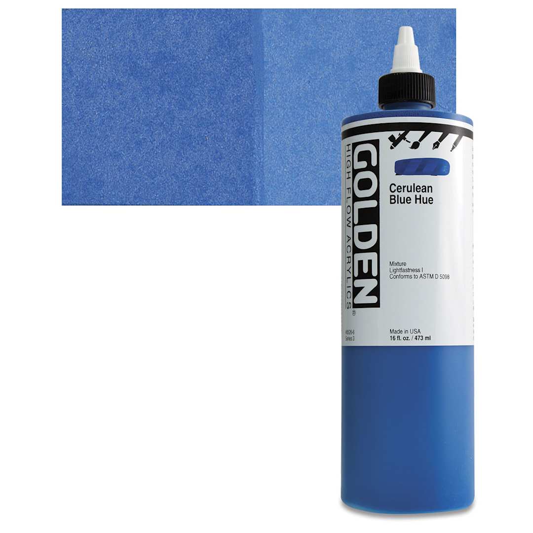 Open in modal - Golden High Flow Acrylic Paint - Cerulean Blue Hue, 16 oz bottle and swatch