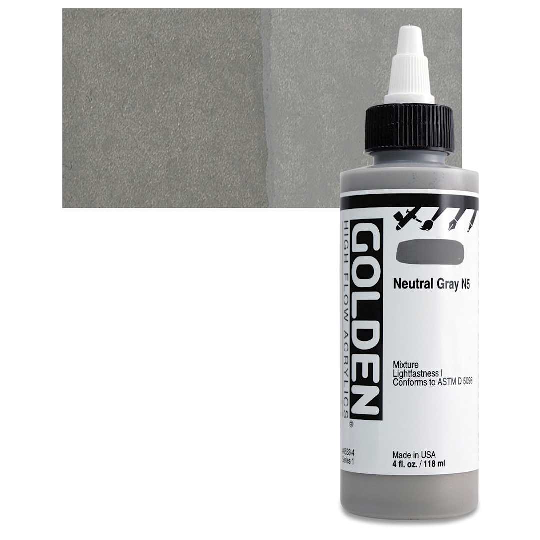 Open in modal - Golden High Flow Acrylic Paint - Neutral Gray N5, 4 oz bottle and swatch